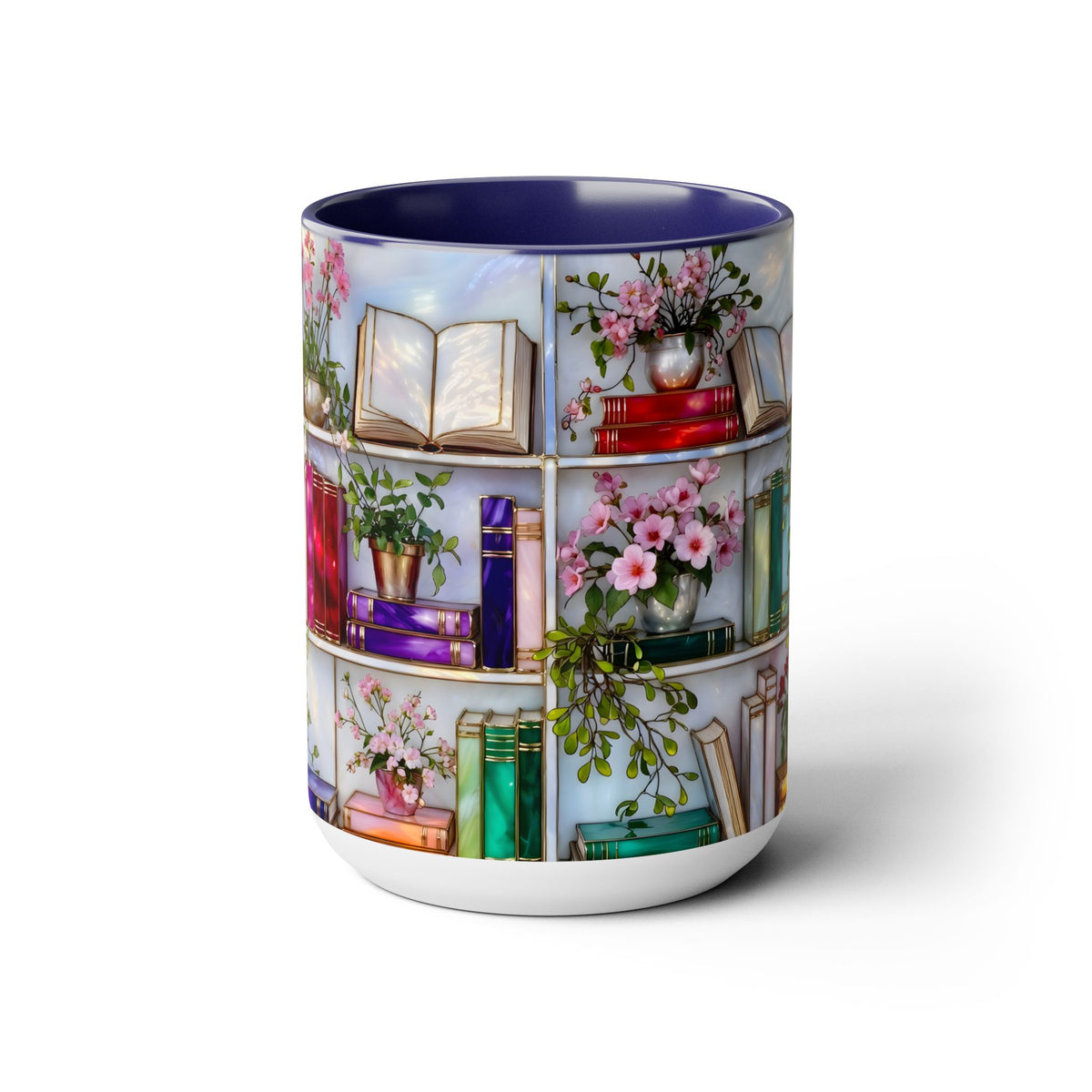 Stained Glass Style Bookshelf Mug, Colorful Floral Book Mug, Book Lover Gift. Elegant Reading Mug