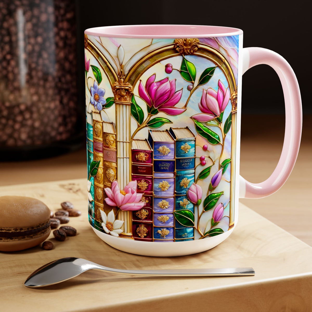 Floral Bookshelf Coffee Mug, Bookish Faux Stained-Glass Mug, Book Lover Gift, Reading Mug for Women, Library Aesthetic Cup 15oz