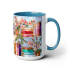 Floral Bookshelf Mug for Book Lovers, Bookish Library Coffee Cup, Black Ceramic 15oz, Stained Glass Style Design
