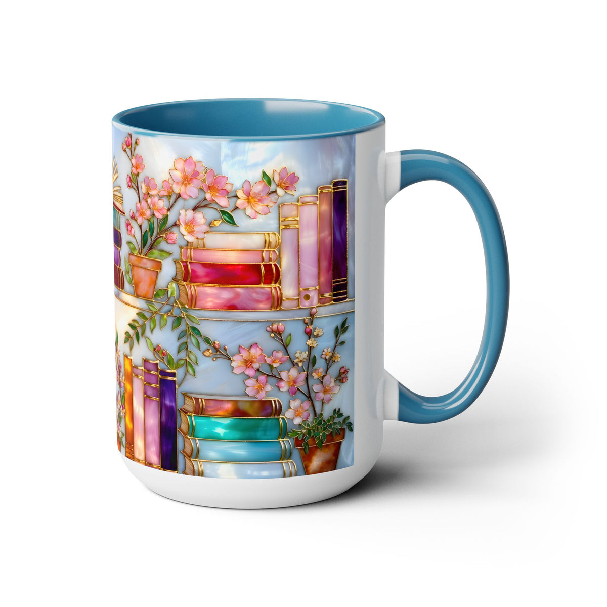 Floral Bookshelf Mug for Book Lovers, Bookish Library Coffee Cup, Black Ceramic 15oz, Stained Glass Style Design
