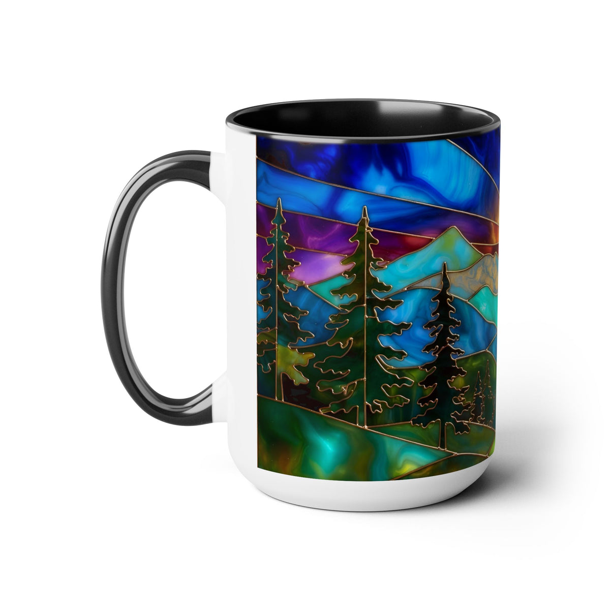Stained Glass Style Sunset Mountains Coffee Mug, Pine Forest Cup Gift 15oz