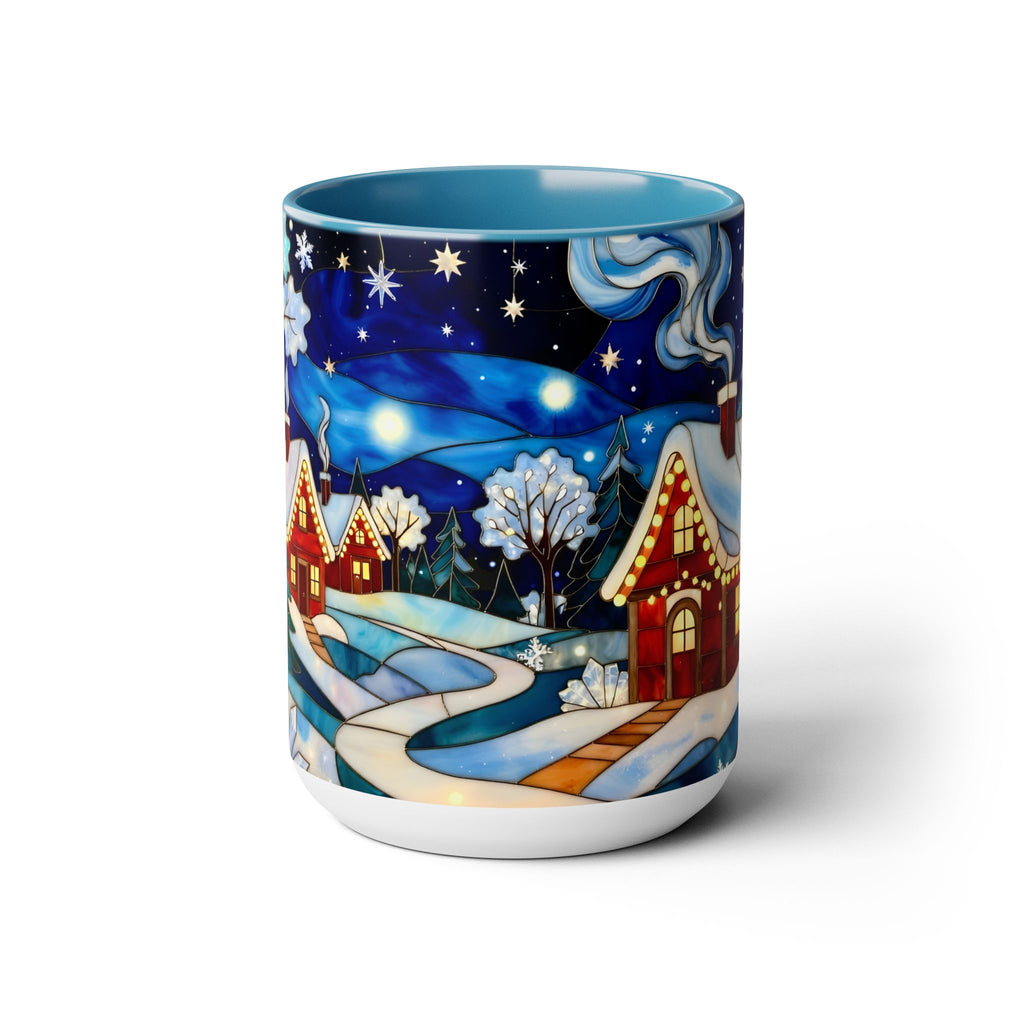 Stained Glass Christmas Village Mug, Winter Cottage Snow Scene Mug, Cozy Holiday Art Cup, Christmas Gift Mug 15oz