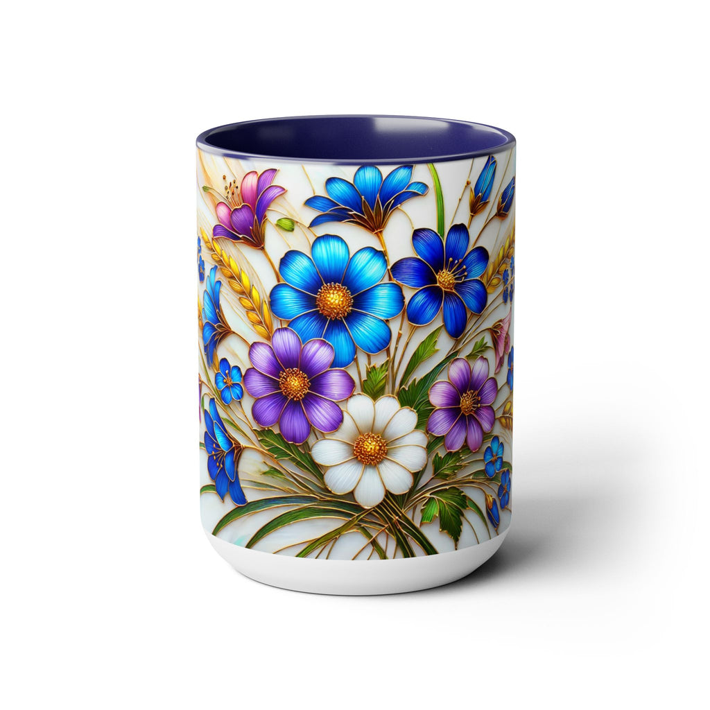 Blue Wildflower Mug, Stained Glass Style Floral Coffee Cup 15oz