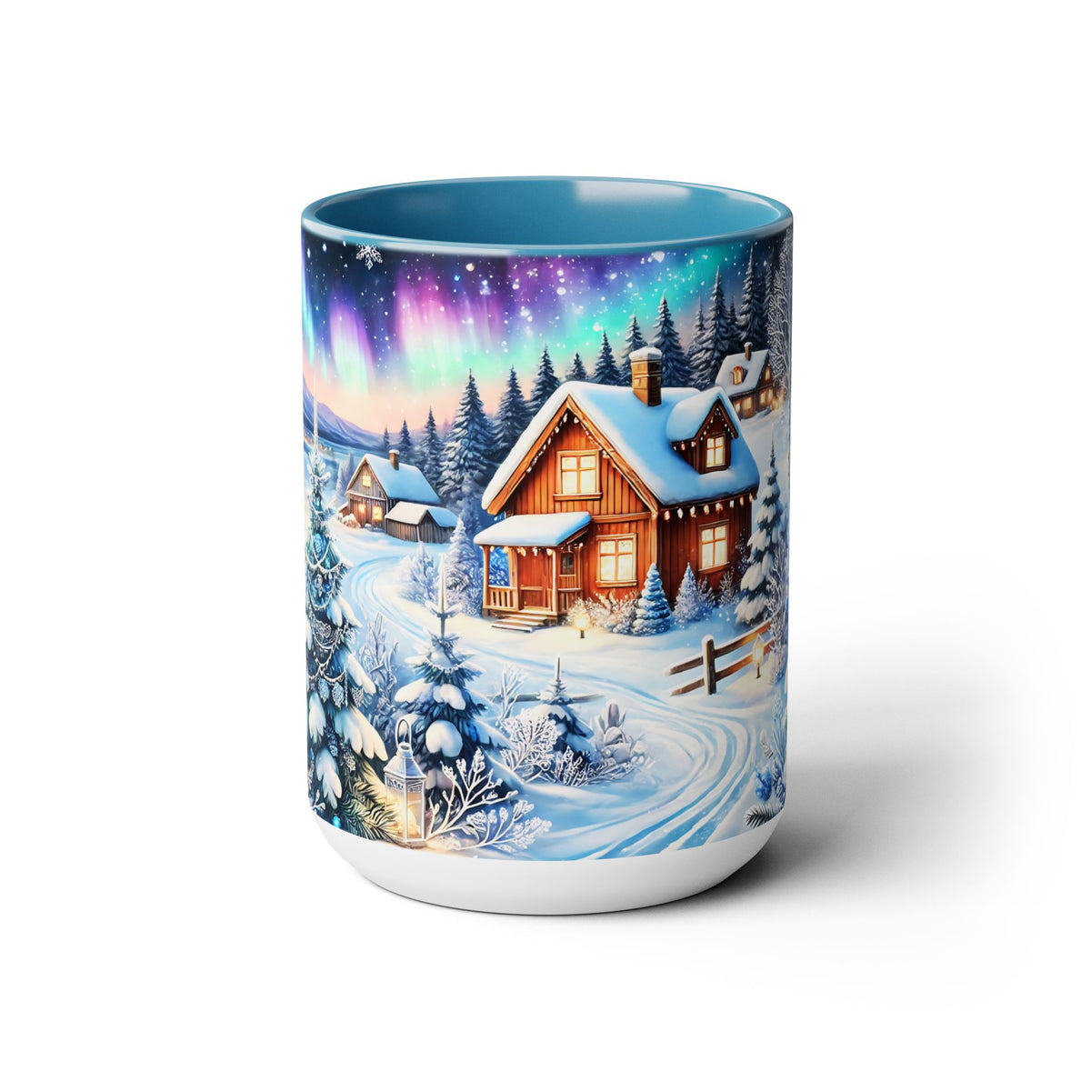 Christmas Mug, Christmas Nordic Village Mug, Christmas Cabin Mug, Aurora Winter Mug, Unique Christmas Gift, Big Mug, Vintage Style Mug 15oz