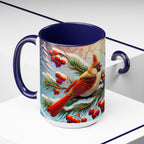 Cardinal Winter Mug, Stained Glass Style Birds on Snowy Branch Mug, Bird Retro Christmas Mug 15oz