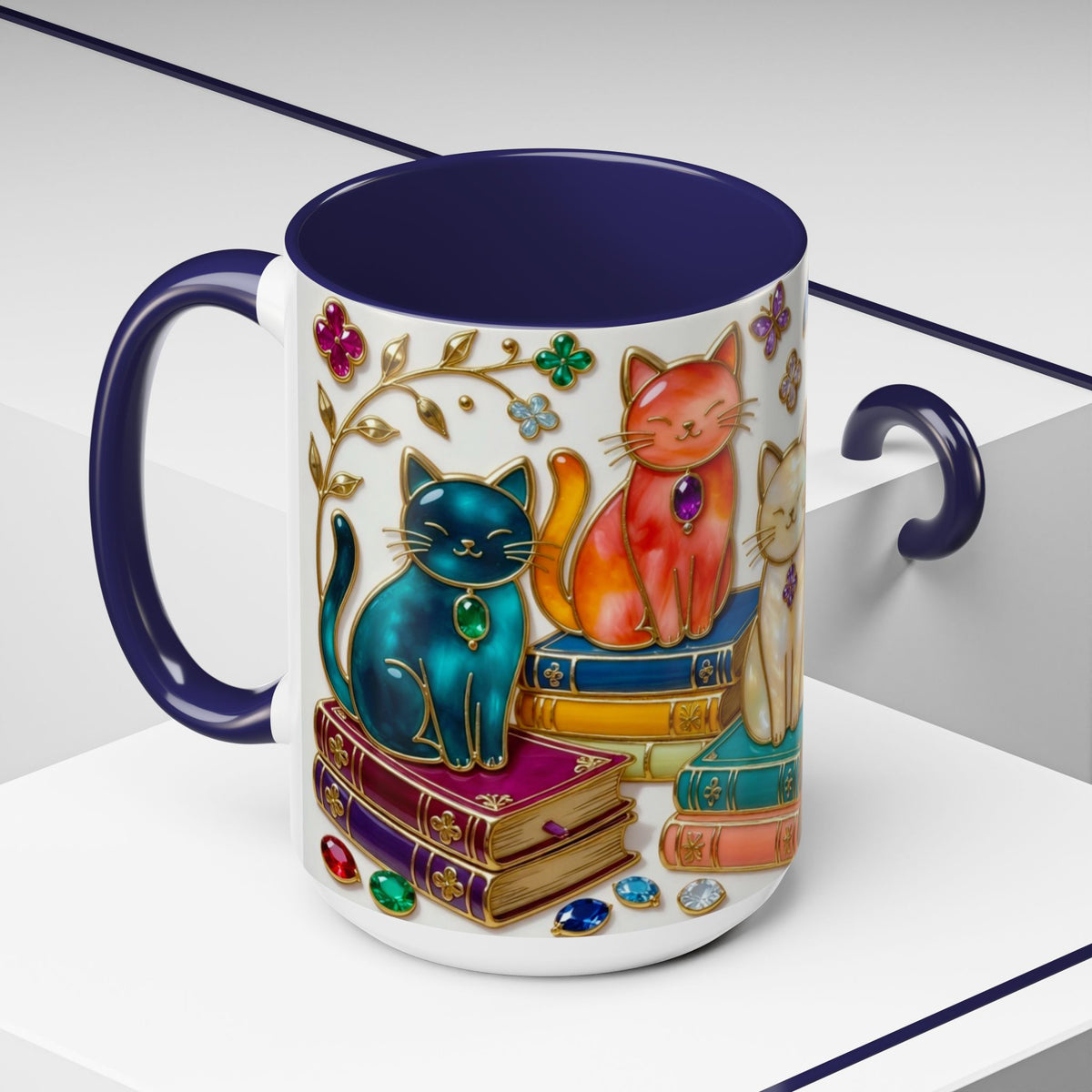 Stained Glass Style Cats Mug, Bookish Cat Art Mug, Jewel Tone Fantasy Cats Cup, Book Lover Mug 15oz