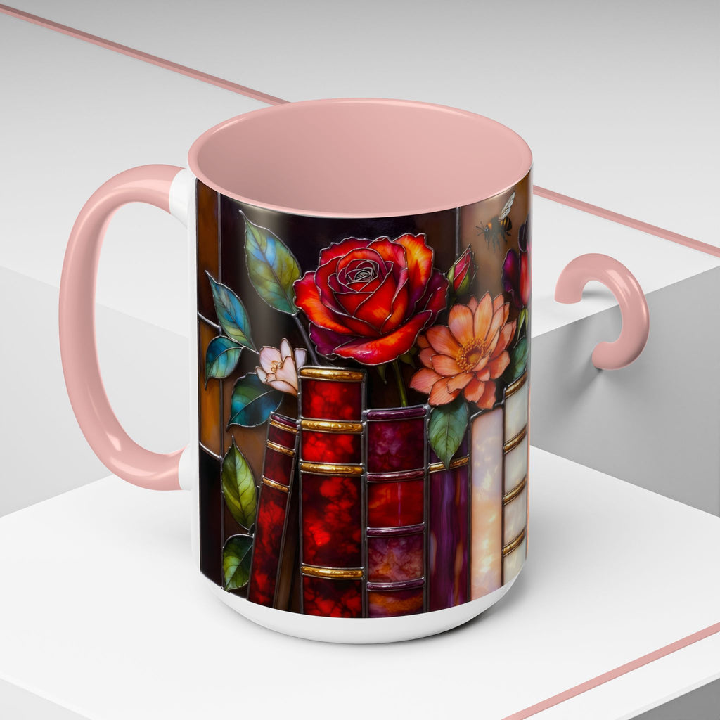 Floral Stained Glass Style Book Mug, Bookshelf Floral Ceramic Mug 15oz, Elegant Book Lover Gift, Garden Book Lover Gift