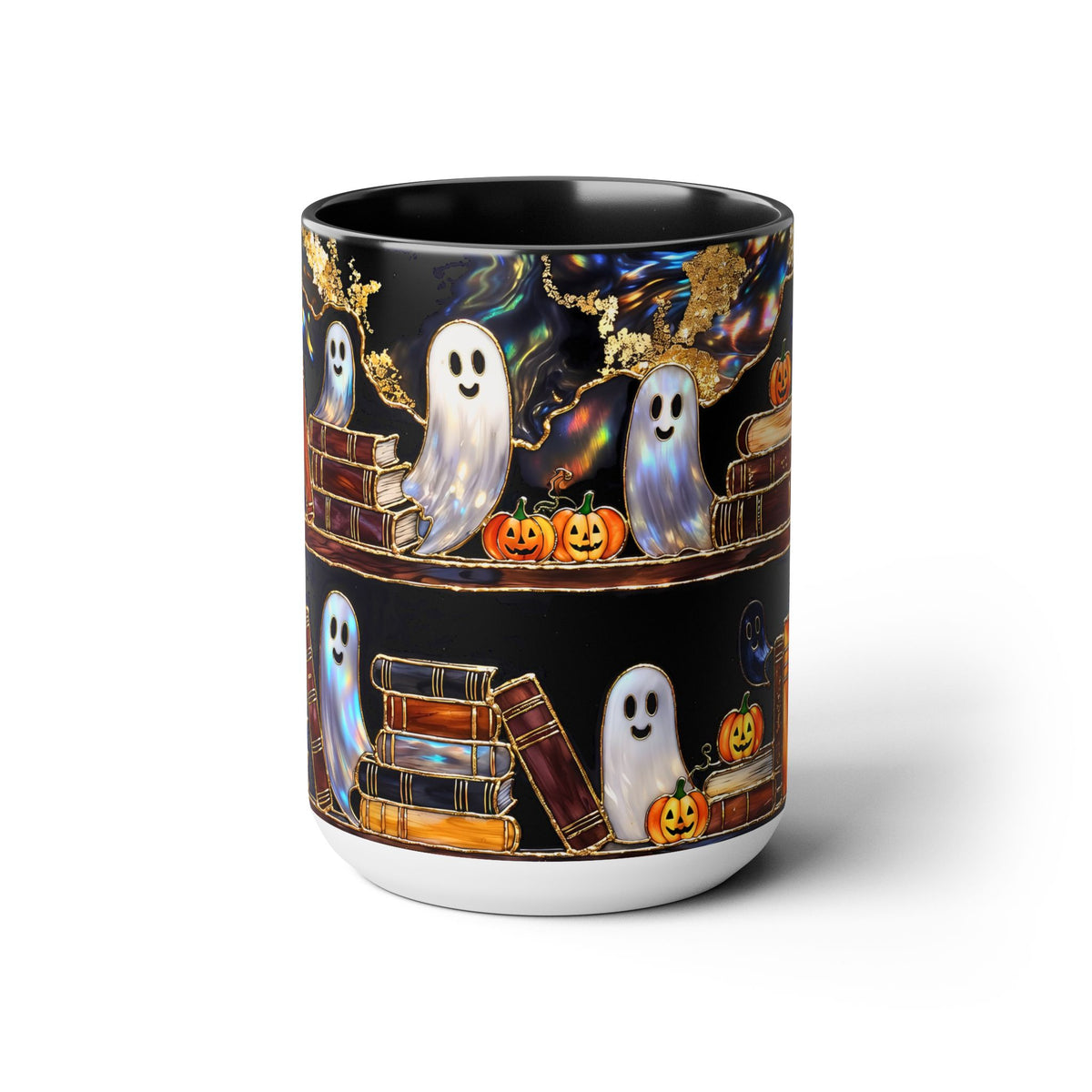 Halloween Ghost Bookshelf Mug, Cute Ghost Coffee Mug, Book Lover Gift, Spooky Books Mug, Fall Mug, Gothic Library Cup, Dark Academia Mug