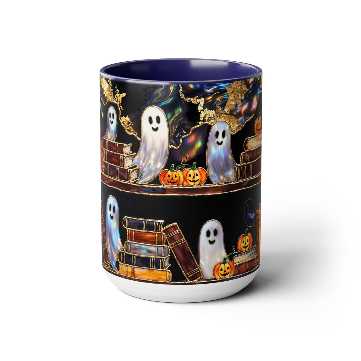 Halloween Ghost Bookshelf Mug, Cute Ghost Coffee Mug, Book Lover Gift, Spooky Books Mug, Fall Mug, Gothic Library Cup, Dark Academia Mug