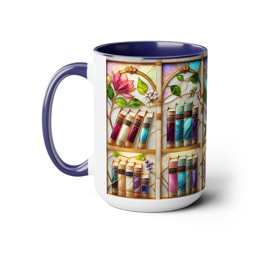 Floral Bookshelf Coffee Mug, Bookish Stained-Glass Style Ceramic Mug, Book Lover Gift 15oz