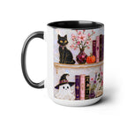 Halloween Ghost Bookshelf Mug, Cute Ghost Coffee Mug, Book Lover Gift, Pink Halloween Mug, Witchy Books Mug, Black Cat Mug, Fall Coffee Cup