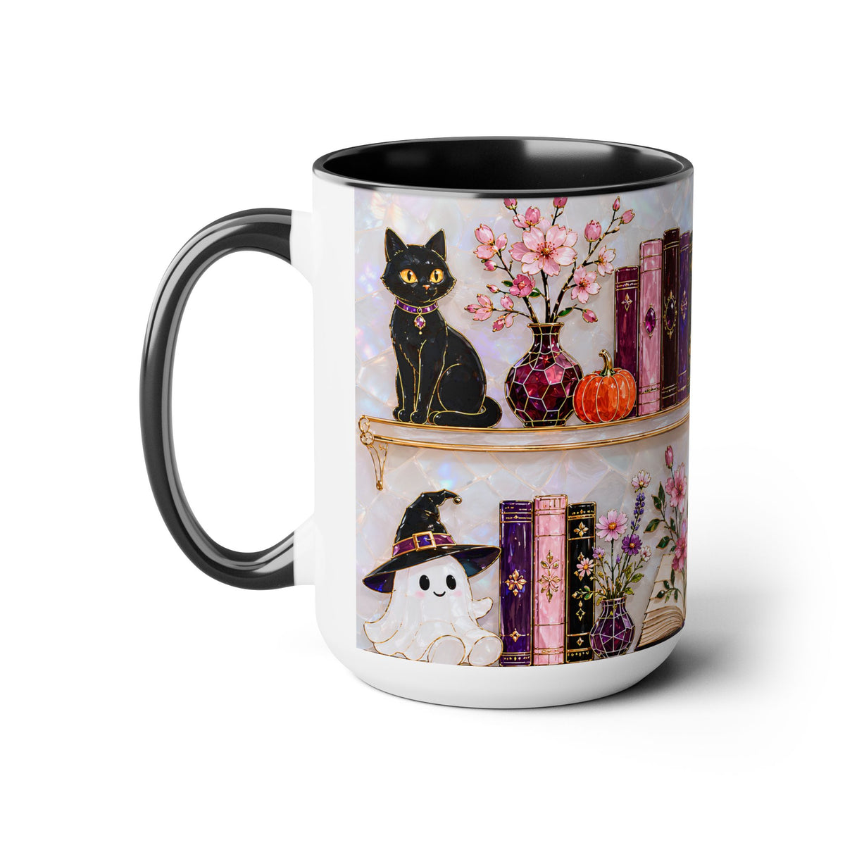 Halloween Ghost Bookshelf Mug, Cute Ghost Coffee Mug, Book Lover Gift, Pink Halloween Mug, Witchy Books Mug, Black Cat Mug, Fall Coffee Cup