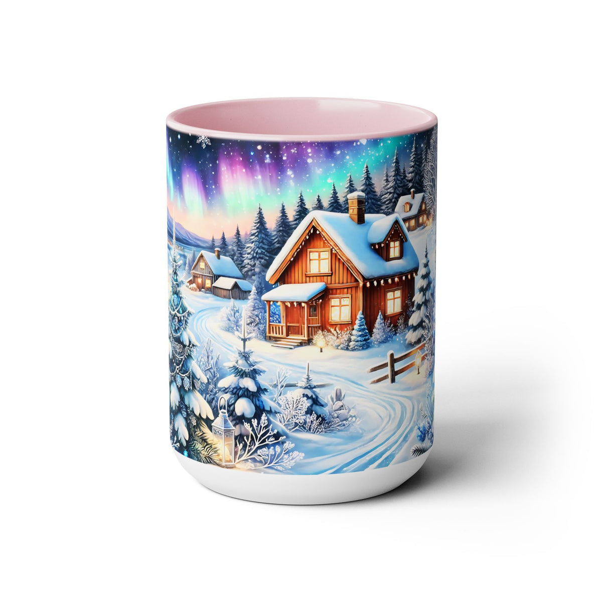 Christmas Mug, Christmas Nordic Village Mug, Christmas Cabin Mug, Aurora Winter Mug, Unique Christmas Gift, Big Mug, Vintage Style Mug 15oz