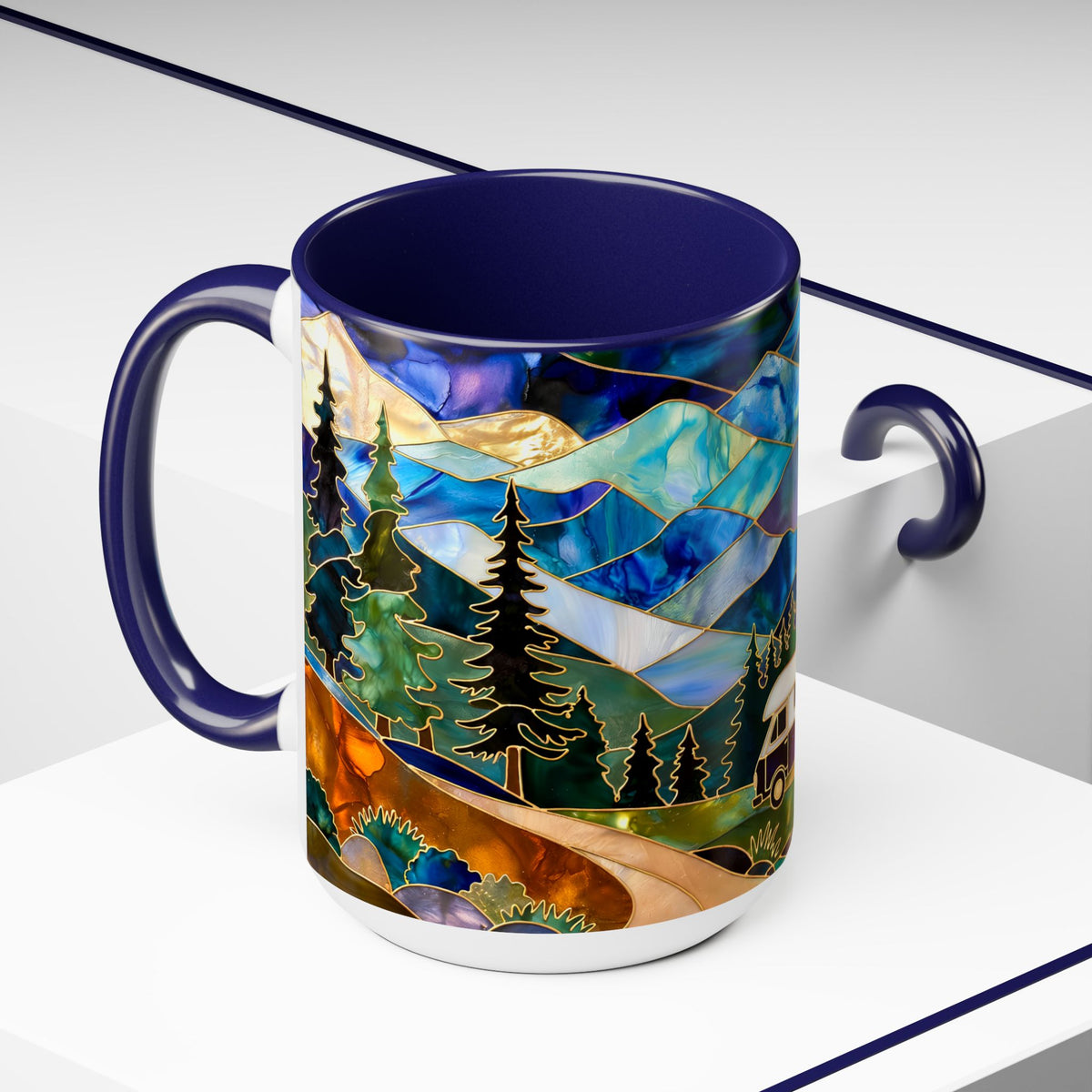 Stained Glass Style Mountain Camper Mug, Camping Coffee Cup, Outdoor Adventure Mug, Nature Lover Gift, Fathers Day Mug, Forest Landscape Cup