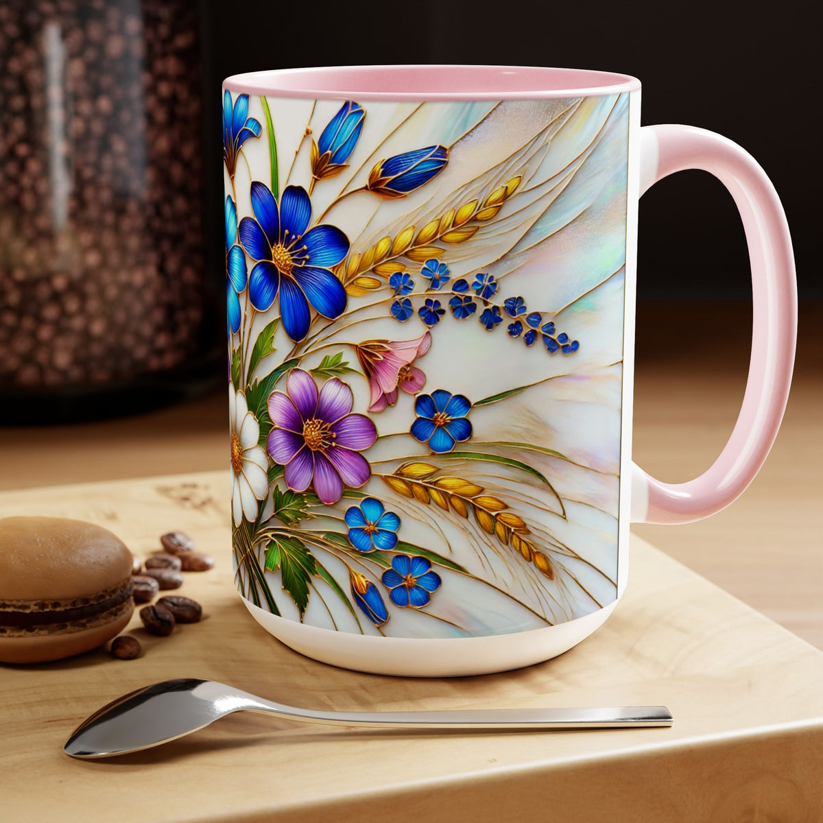 Blue Wildflower Mug, Stained Glass Style Floral Coffee Cup 15oz