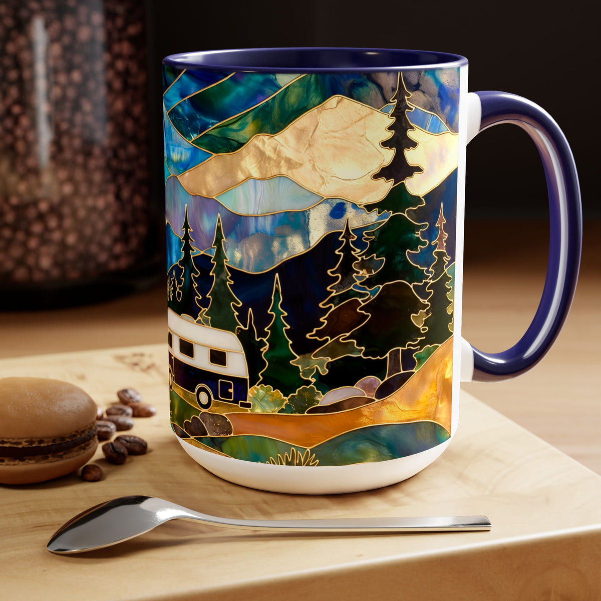 Stained Glass Style Mountain Camper Mug, Camping Coffee Cup, Outdoor Adventure Mug, Nature Lover Gift, Fathers Day Mug, Forest Landscape Cup