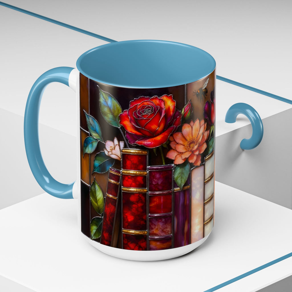 Floral Stained Glass Style Book Mug, Bookshelf Floral Ceramic Mug 15oz, Elegant Book Lover Gift, Garden Book Lover Gift