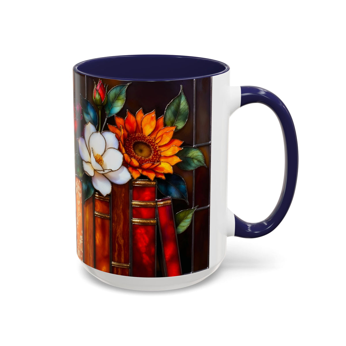 Floral Stained Glass Style Book Mug, Bookshelf Floral Ceramic Mug 15oz, Elegant Book Lover Gift, Garden Book Lover Gift