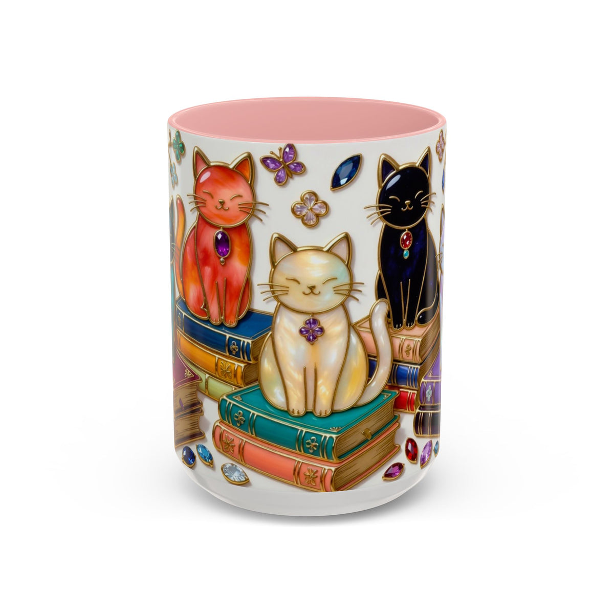 Stained Glass Style Cats Mug, Bookish Cat Art Mug, Jewel Tone Fantasy Cats Cup, Book Lover Mug 15oz