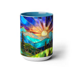 Stained Glass Style Sunset Mountains Coffee Mug, Pine Forest Cup Gift 15oz