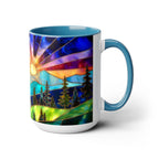 Stained Glass Style Sunset Mountains Coffee Mug, Pine Forest Cup Gift 15oz