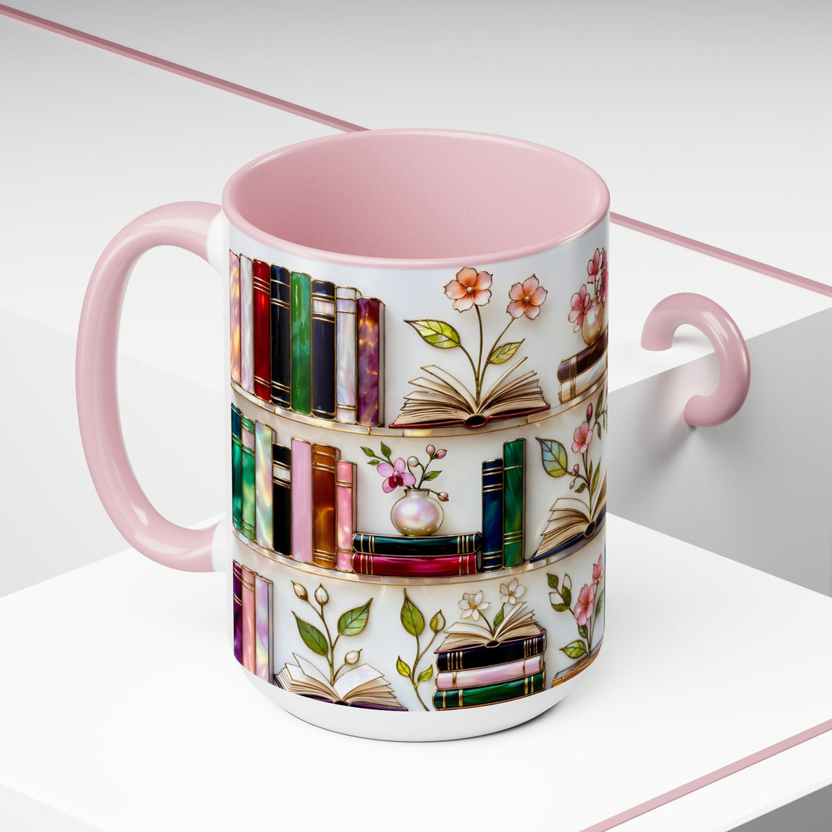 Stained Glass Bookshelf Mug, Book Lover Gift, Floral Bookish Cup, Library Aesthetic Mug, Ceramic Accent Mug, Reader Gift, Cozy Book Mug