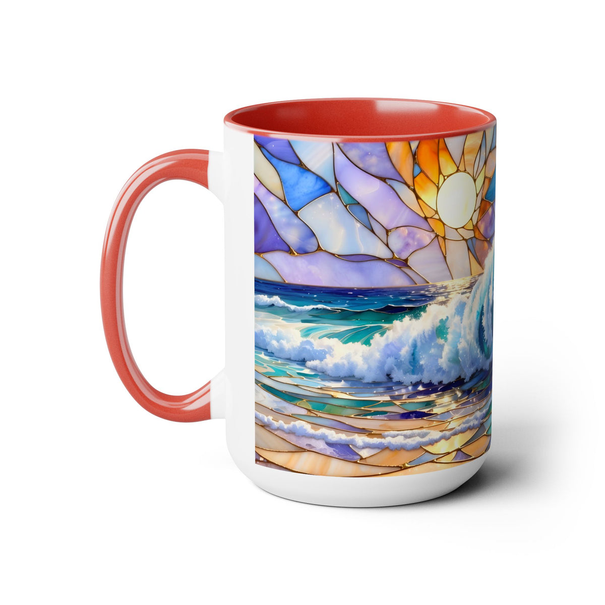 Stained Glass Style Ocean Wave Mug, Colorful Coastal Coffee Cup, Beach Sunrise Ceramic, Ocean Lover Gift Cup 15oz