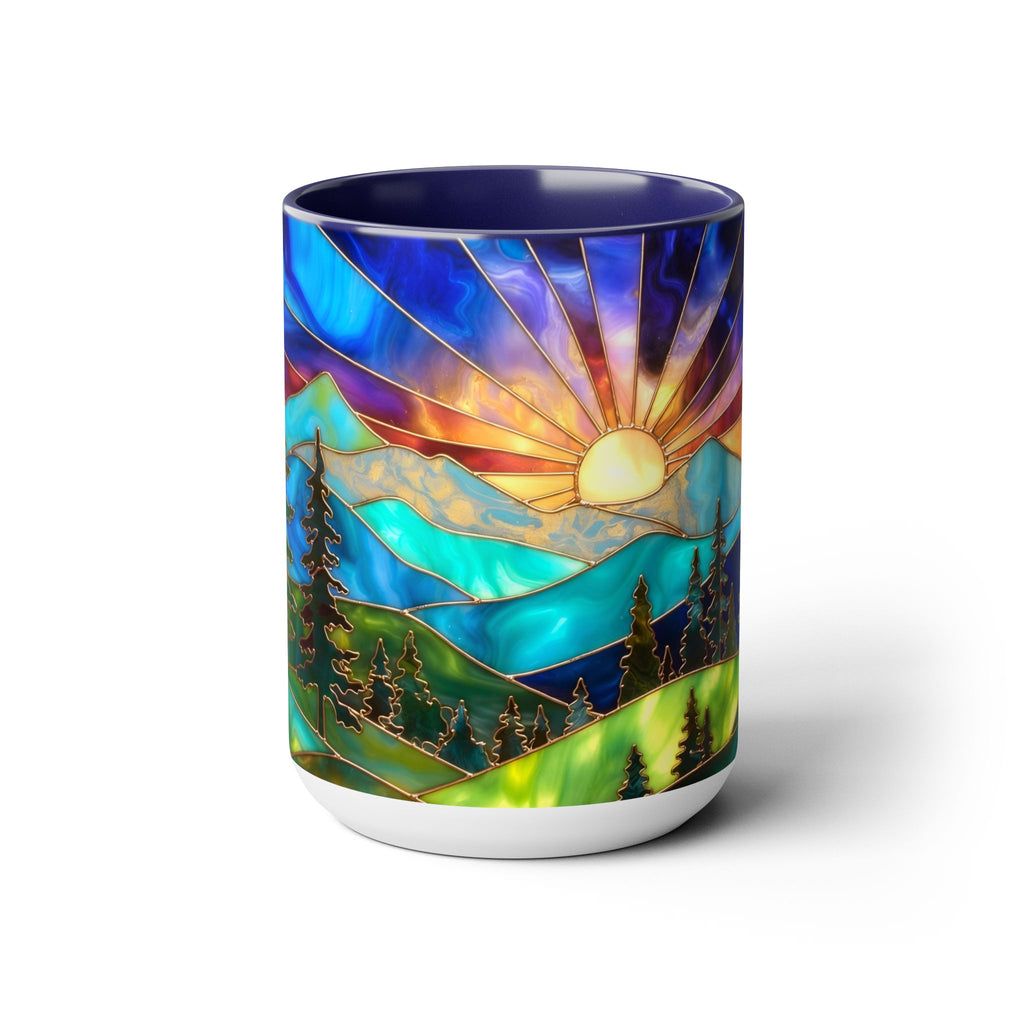 Stained Glass Style Sunset Mountains Coffee Mug, Pine Forest Cup Gift 15oz