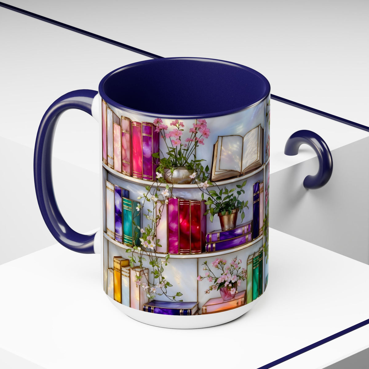 Stained Glass Style Bookshelf Mug, Colorful Floral Book Mug, Book Lover Gift. Elegant Reading Mug