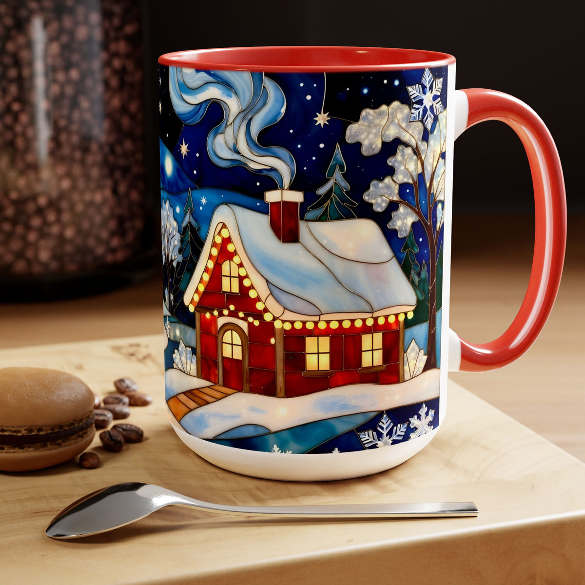 Stained Glass Christmas Village Mug, Winter Cottage Snow Scene Mug, Cozy Holiday Art Cup, Christmas Gift Mug 15oz