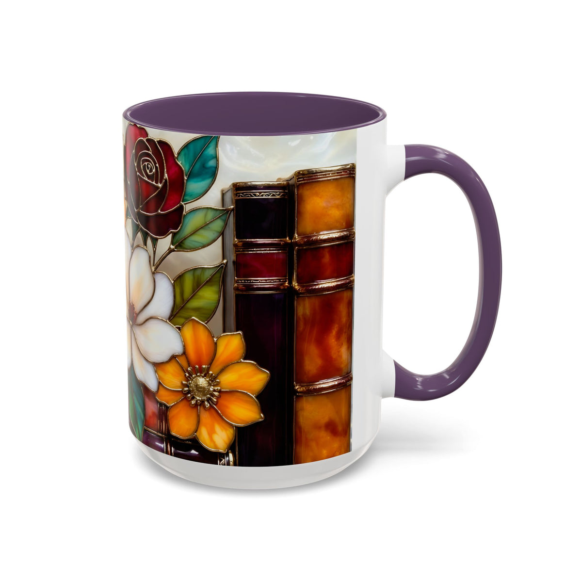 Floral Bookshelf Mug, Stained Glass Style Flowers & Bees Mug 15oz, Garden Book Lover Gift
