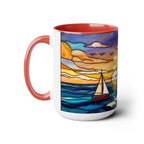 Lighthouse Sunset Mug, Coastal Stained Glass Style Coffee Cup 15oz, Nautical Coffee Mug