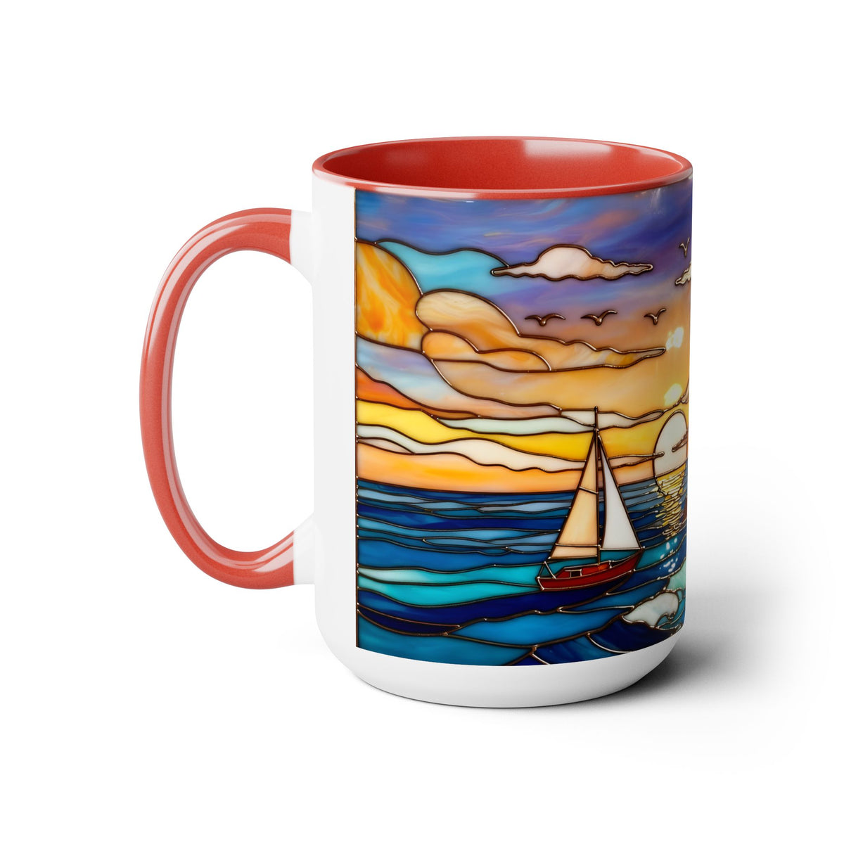 Lighthouse Sunset Mug, Coastal Stained Glass Style Coffee Cup 15oz, Nautical Coffee Mug