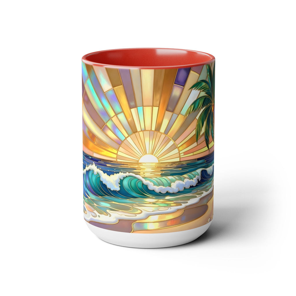 Beach Sunrise Stained Glass Style Mug, Coastal Ocean Coffee Cup, Sunrise Sea Mug, Beach Lover Cup 15oz