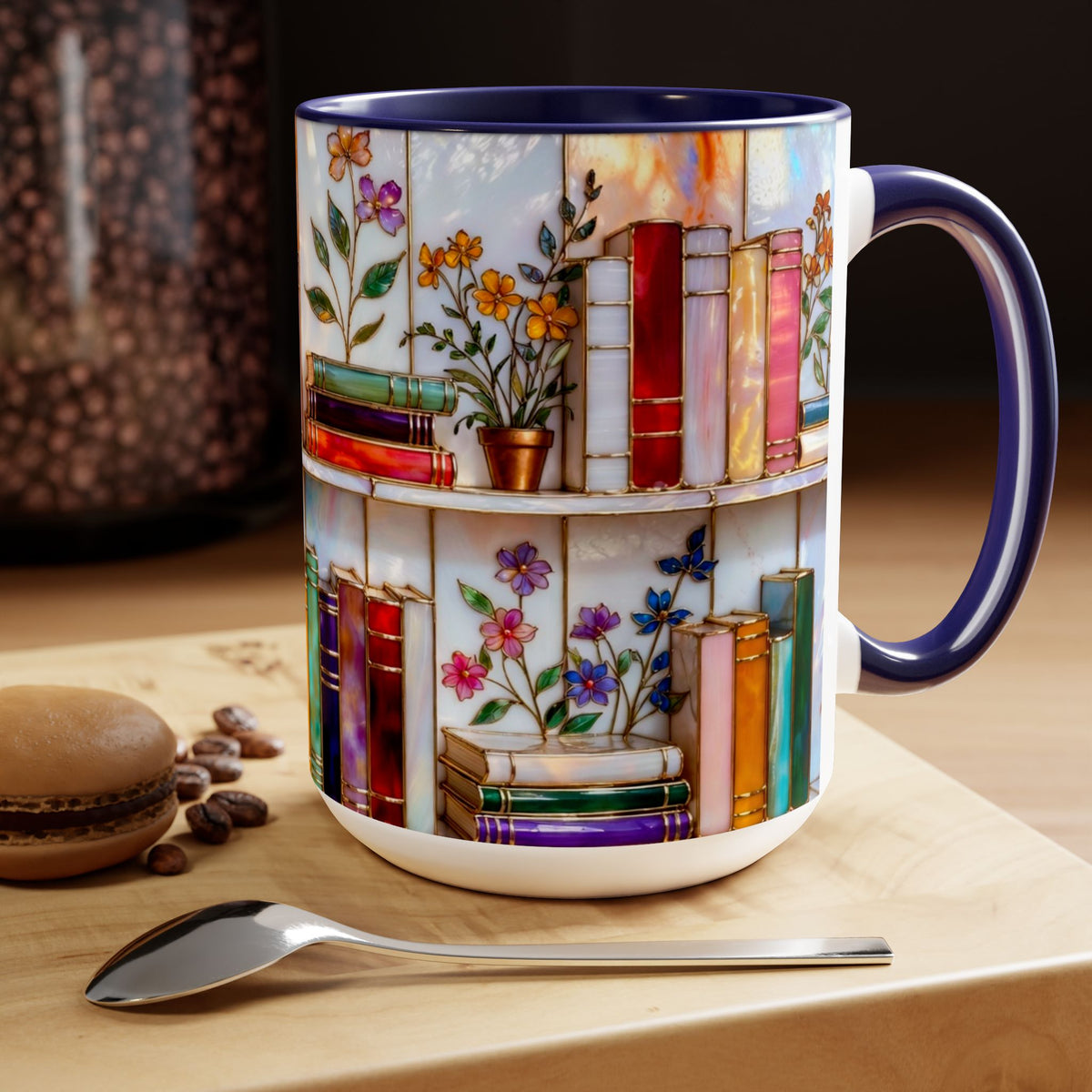 Floral Bookshelf Coffee Mug, Bookish Stained-Glass Style Mug, Book Lover Gift, Library Aesthetic Cup, Teacher Gift, Reading Mug 15oz
