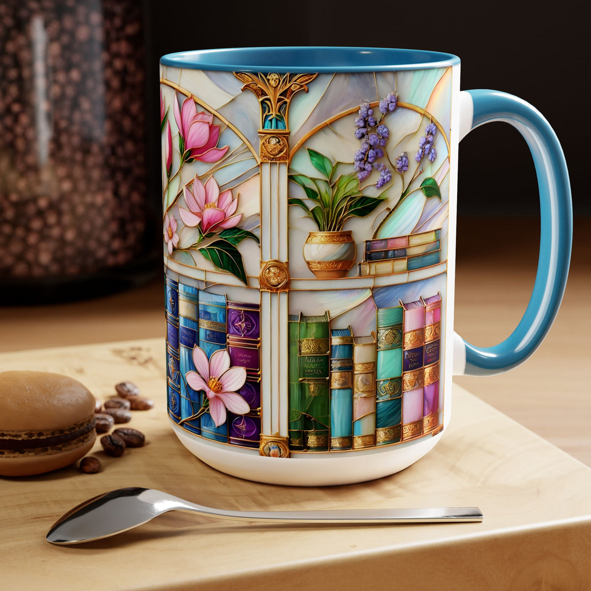 Floral Bookshelf Coffee Mug, Bookish Stained-Glass Style Mug, Book Lover Gift, Reading Mug for Women, Library Aesthetic Cup 15oz