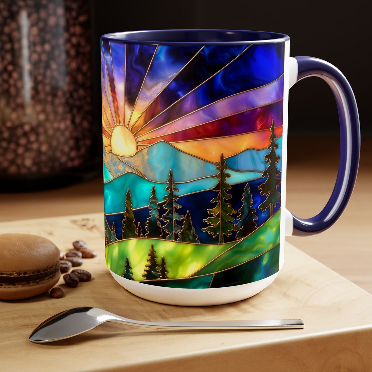 Stained Glass Style Sunset Mountains Coffee Mug, Pine Forest Cup Gift 15oz