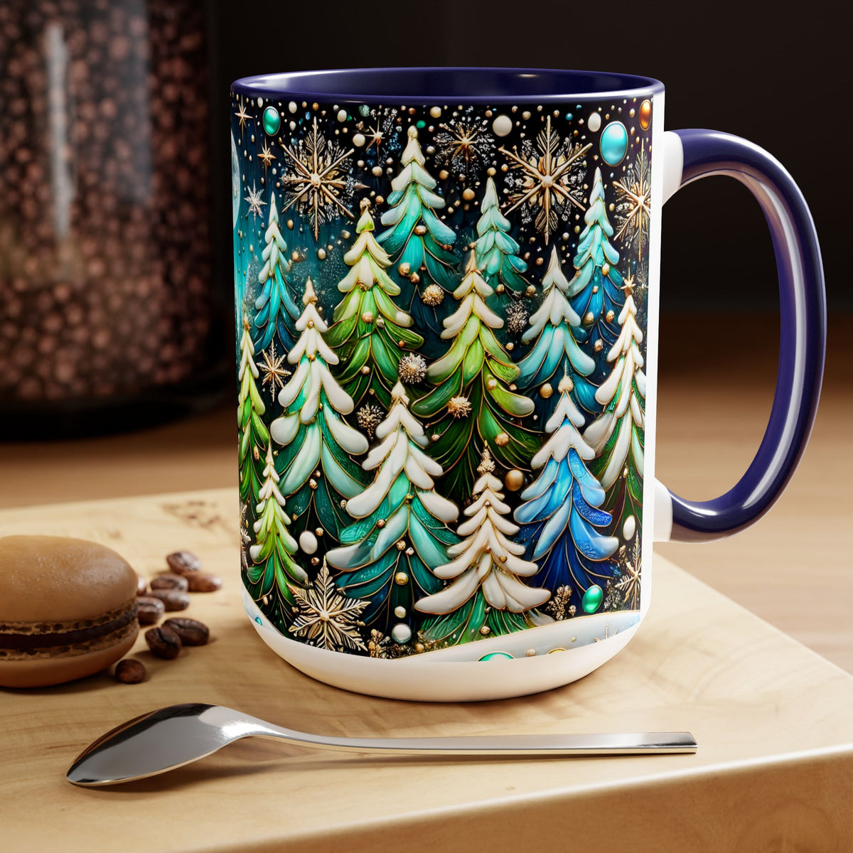 Pine Forest Mug 15oz, Stained Glass Style Coffee Cup, Winter Evergreen Tree Mug, Nature Lover Christmas Gift