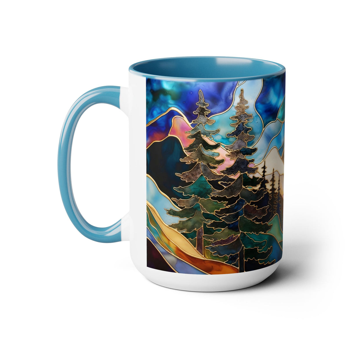 Stained Glass Style Mountain Mug, Forest Landscape Coffee Mug, Nature Lover Gift, Outdoor Adventure Mug, Fathers Day Gift 15oz