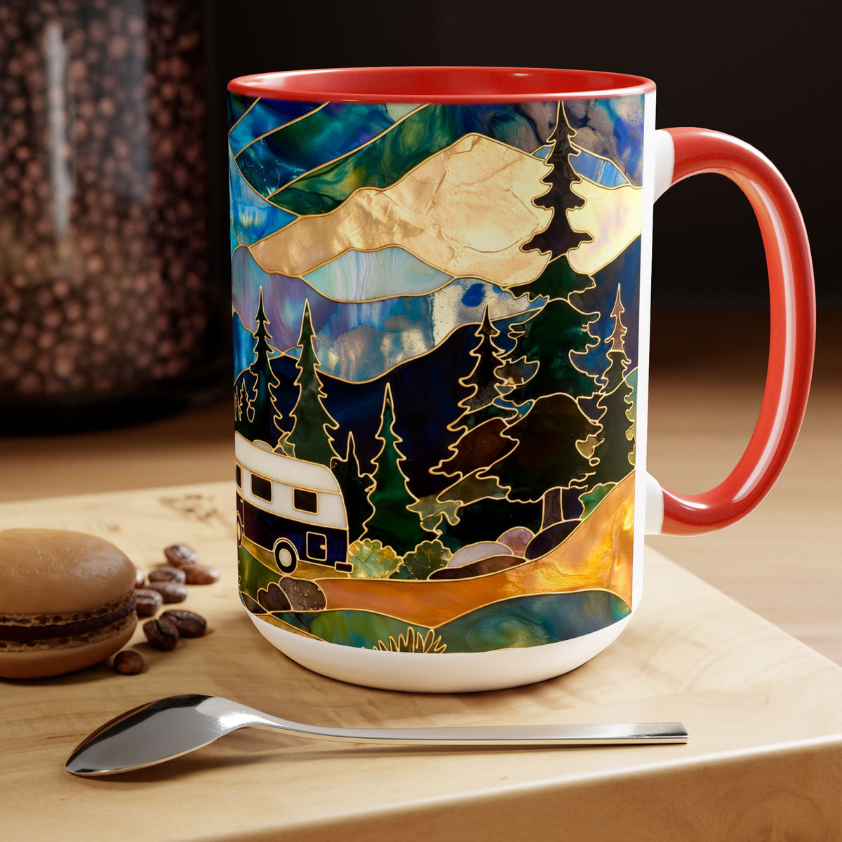 Stained Glass Style Mountain Camper Mug, Camping Coffee Cup, Outdoor Adventure Mug, Nature Lover Gift, Fathers Day Mug, Forest Landscape Cup