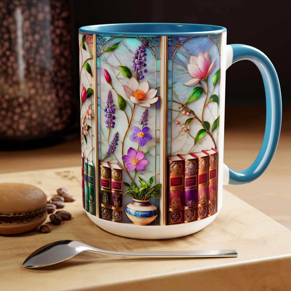 Floral Bookshelf Coffee Mug, Bookish Faux Stained-Glass Mug, Book Lover Gift, Reading Mug for Women, Library Floral Cup 15oz