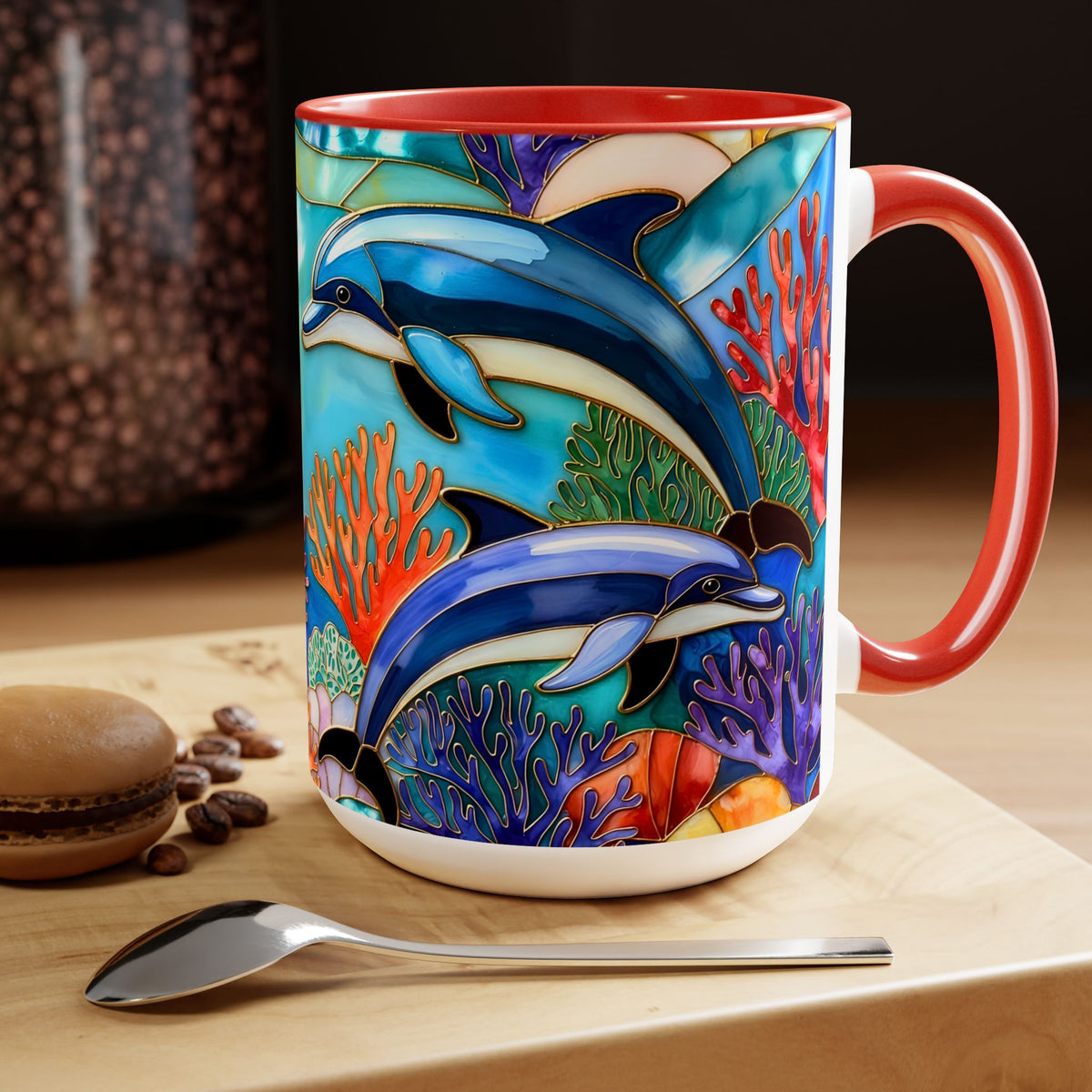 Dolphin Mug, Stained Glass Style Mug, Ocean Lover Gift, Ocean Lover Cup 15oz