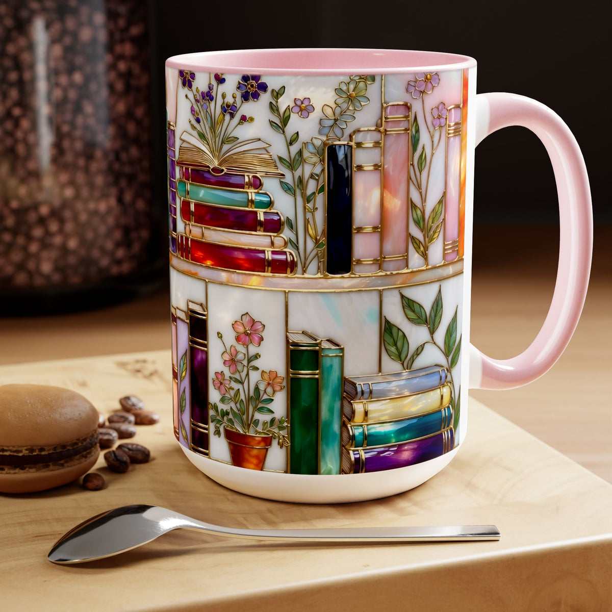 Floral Book Mug, Bookish Stained-Glass Style Mug, Book Lover Gift, Library Aesthetic Cup, Teacher Gift, Reading Mug 15oz