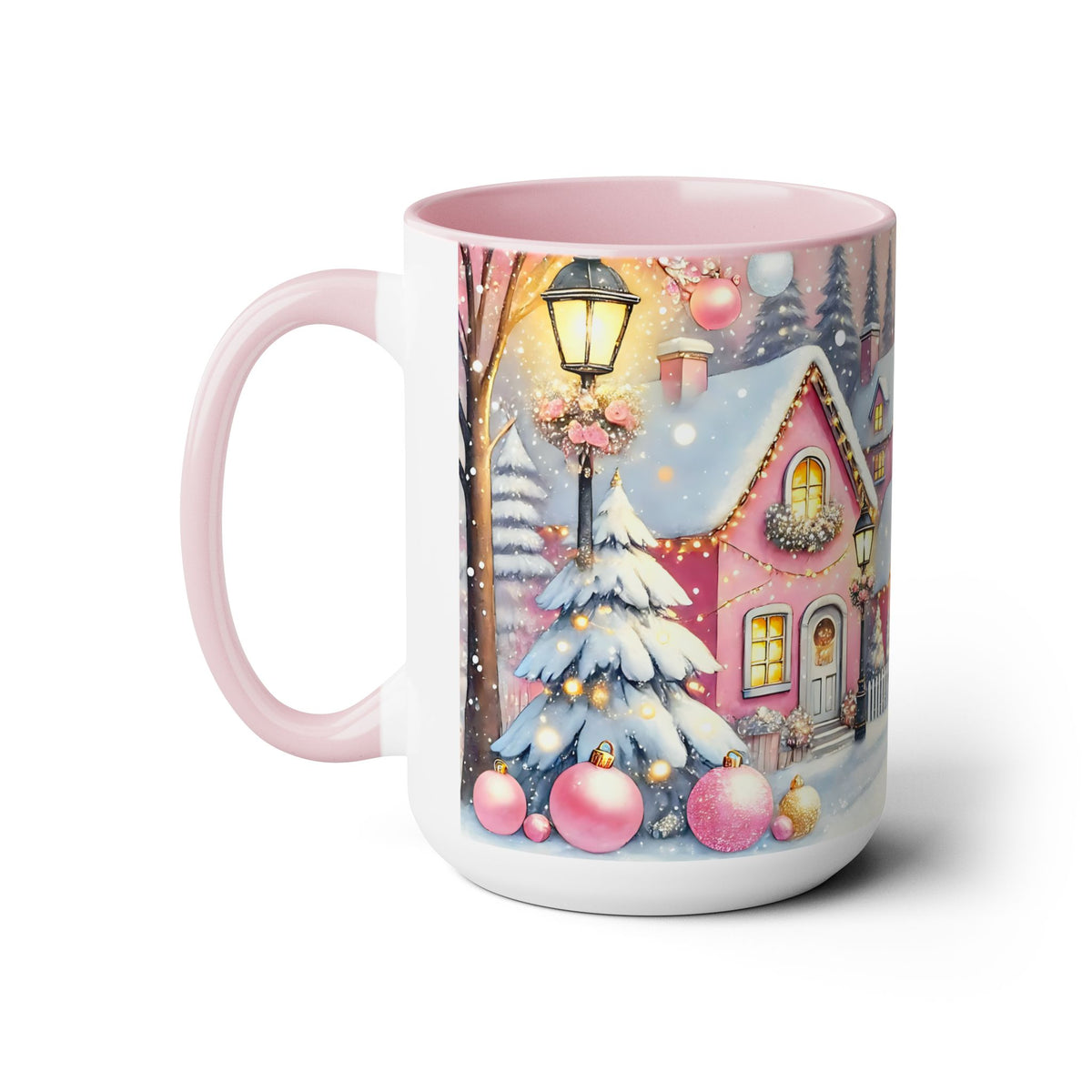 Pink Christmas Village Mug, Christmas Movie Mug, Christmas Coffee Mug Gift, Merry Christmas Mug, Winter Mug, Holiday Kitchen Decor 15 oz
