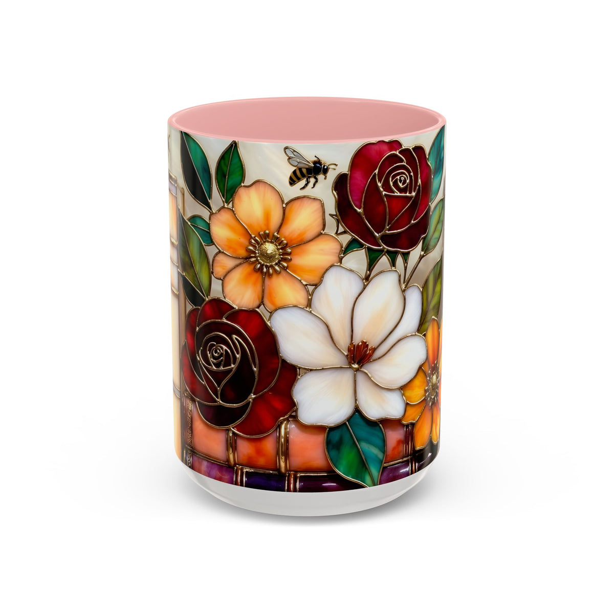 Floral Bookshelf Mug, Stained Glass Style Flowers & Bees Mug 15oz, Garden Book Lover Gift