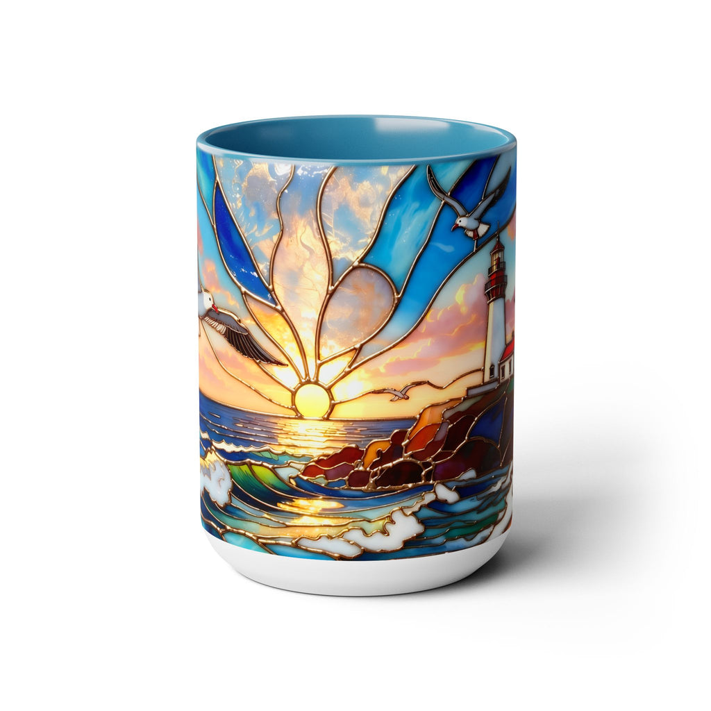 Lighthouse Sunset Mug, Coastal Stained Glass Style Coffee Cup, Nautical Coffee Mug 15oz