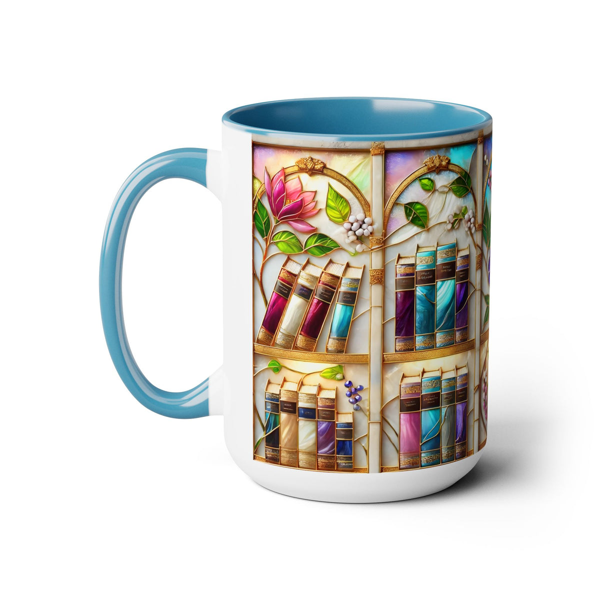 Floral Bookshelf Coffee Mug, Bookish Stained-Glass Style Ceramic Mug, Book Lover Gift 15oz