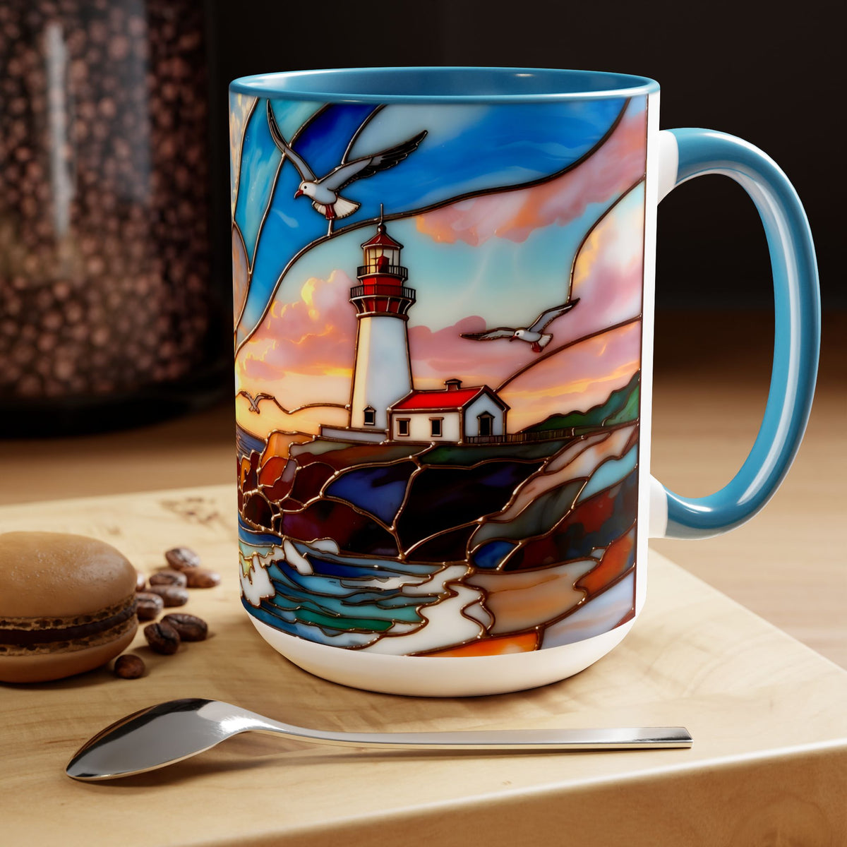 Lighthouse Sunset Mug, Coastal Stained Glass Style Coffee Cup, Nautical Coffee Mug 15oz
