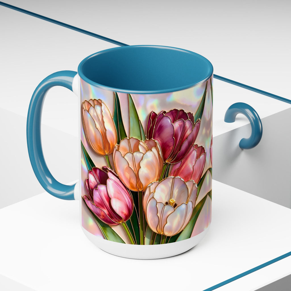Stained Glass Style Tulip Mug, 15 oz, Pink & Peach Floral Coffee Cup, Spring Mug