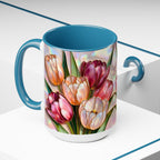 Stained Glass Style Tulip Mug, 15 oz, Pink & Peach Floral Coffee Cup, Spring Mug